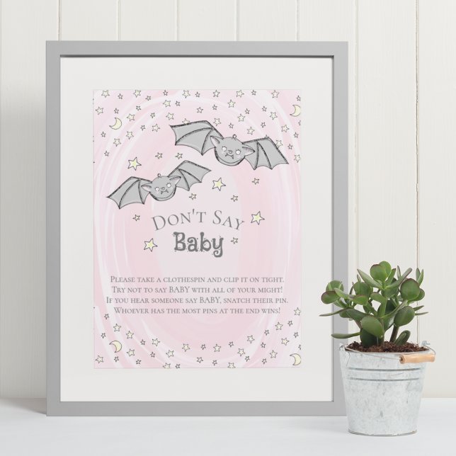 Póster Los murciélagos rosados no dicen juego de Baby Sho (This cute Fall Baby Shower "Don't say Baby"game Features Hand-drawn Baby Bats & Stars in Black Ink.)