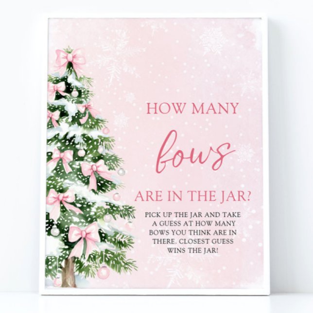 Póster Los Navidades de Bows adivinan cuántos se doblan e (Pink Bows Christmas Guess How Many Bows Baby Shower Sign)