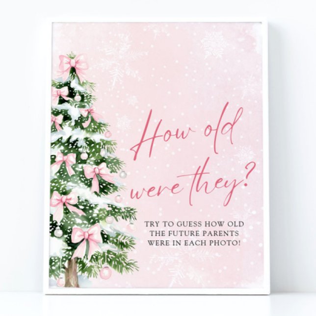 Póster Los Navidades De Bows Cuán Viejos Eran Los Juegos  (Pink Bows Christmas How Old Were They Baby Shower Game Sign)