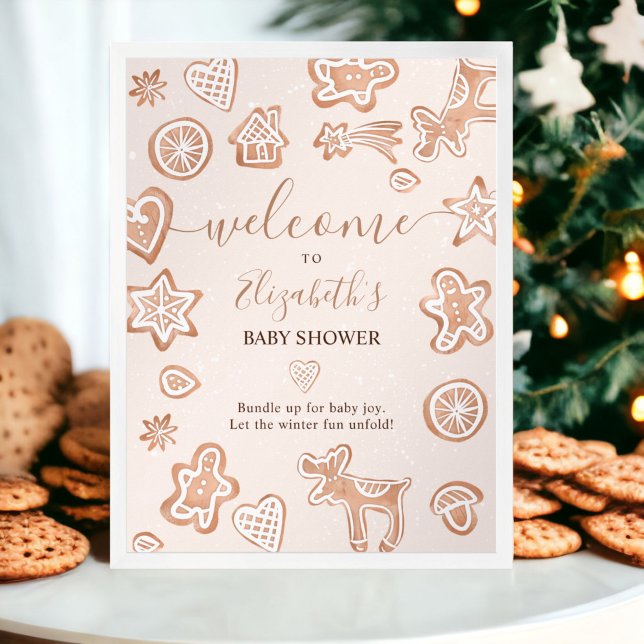 Póster Los Navidades de invierno acogen a una galleta con (Cute winter Christmas welcome cookie baby shower poster)