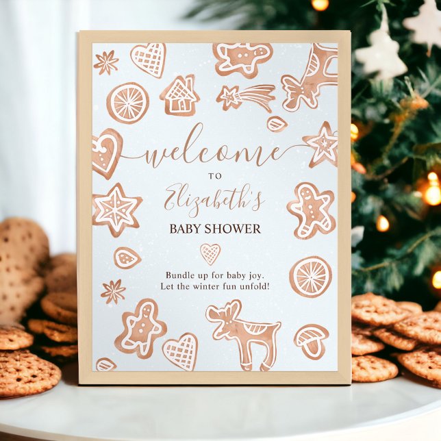 Póster Los Navidades de invierno acogen a una galleta con (Cute winter Christmas welcome cookie baby shower Poster)