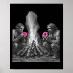 Póster Los Neandertales Comen Donuts En El Fuego Gracioso