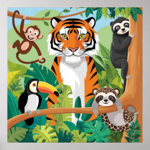 Póster Los niños adoran a los animales jungla pájaro mono