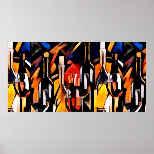 Póster Los temas del vino son el cubismo. Botellas de vid (Frente)