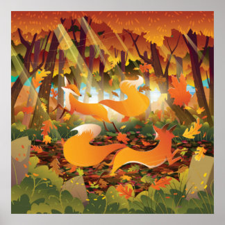 Póster Los zorros juegan en el bosque otoñal