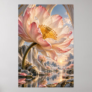 Póster Loto Rosa Gigante sobre el Valle de la Cascada Fan