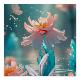 Póster Loto Rosa Soñador y Mariposa en Agua Acuática