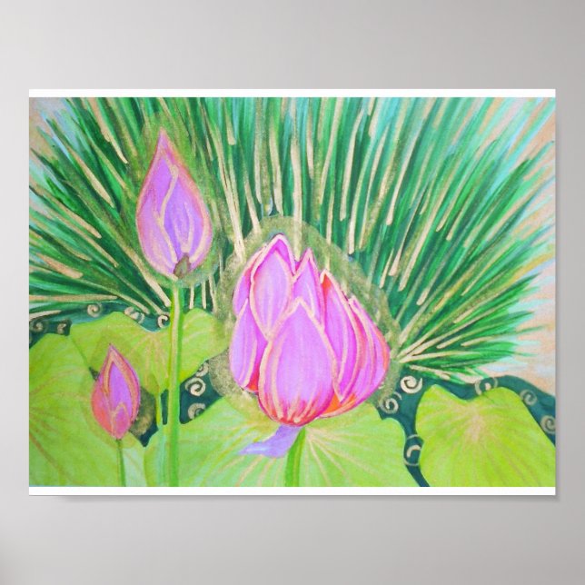 Póster Lotus acuarela con acentos dorados (Frente)
