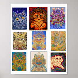 Póster Louis Wain, 9 gatos psicodélicos