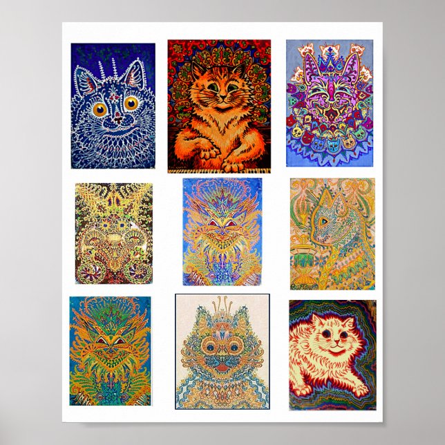 Póster Louis Wain, 9 gatos psicodélicos (Frente)