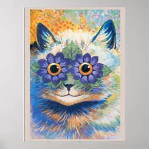 Póster Louis Wain, gato con ojos decorados con flores, Po
