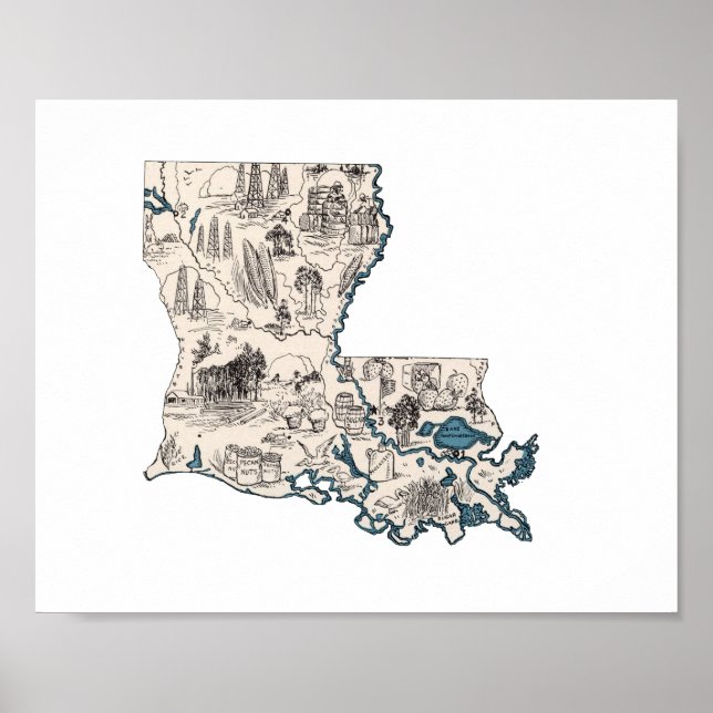 Póster Louisiana Vintage Picture Map (Frente)