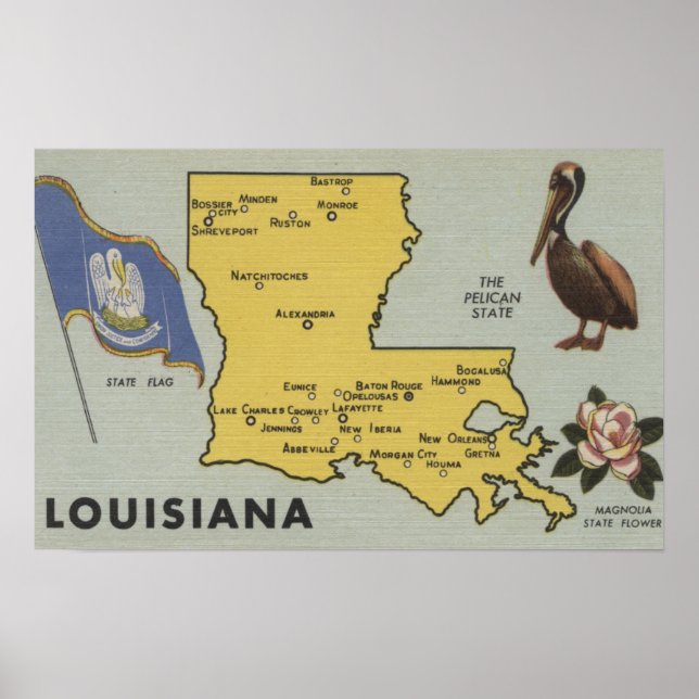 Póster LouisianaMapa detallado del estadoLuisiana (Frente)