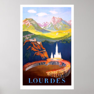 Póster Lourdes, pueblo e iglesia. Montañas de los Pirineo