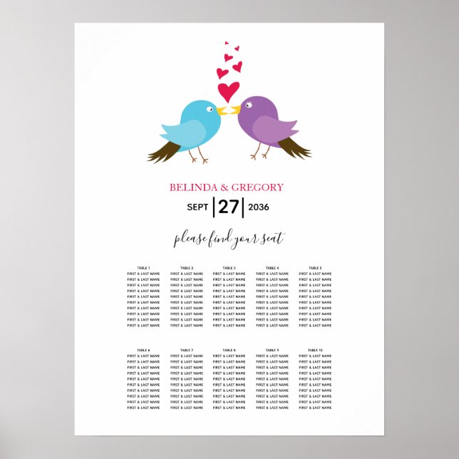 Póster Love Birds & Hearts Wedding Seating Chart (Frente)