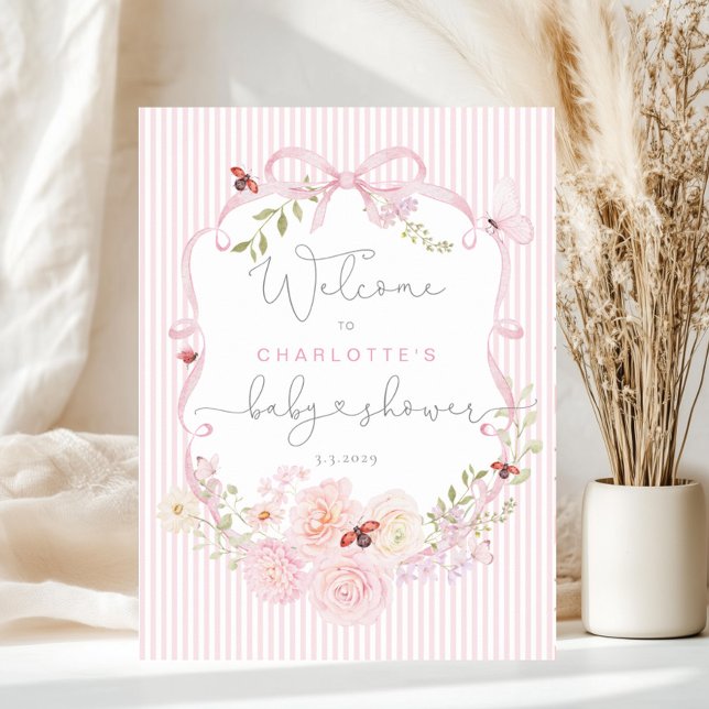 Póster Love Bug Pink Bow Stripes Baby Shower Welcome (Subido por el creador)