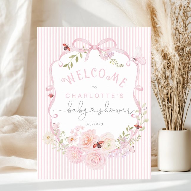 Póster Love Bug Pink Bow Stripes Baby Shower Welcome Foam (Subido por el creador)