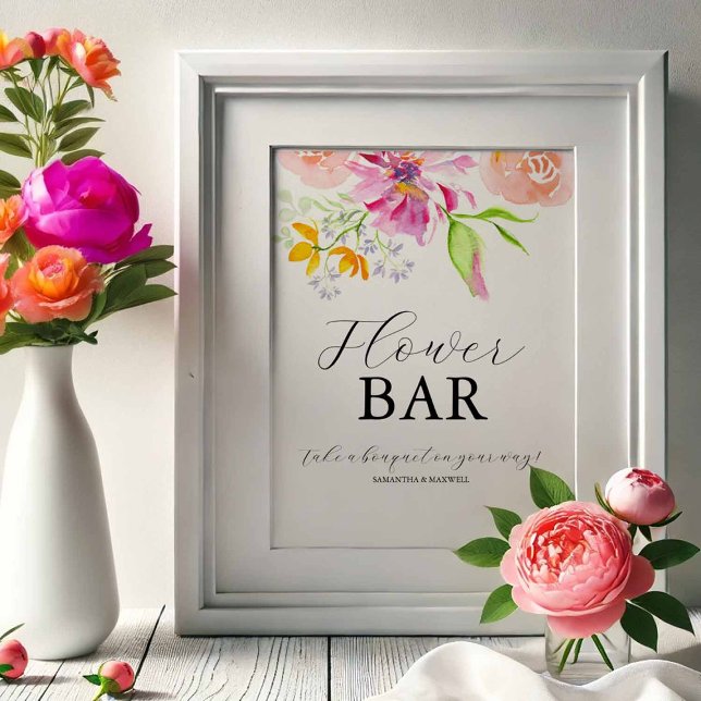 Póster Love Is In Bloom Bridal Shower Flower Bar Sign (Love is in bloom flower bar sign design with pink, orange and purple watercolor by Do Tell A Belle)