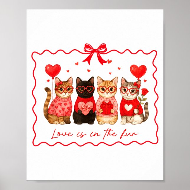 Póster Love Is In The Fur Cat Lovers Valentines Cute Cats (Frente)