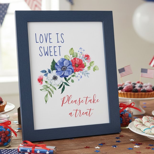 Póster Love is Sweet Red White and Blue Floral Table Sign (Red White & Blue Floral Wedding Shower Treat Table Sign by Darling & May. Printed or Digital.)