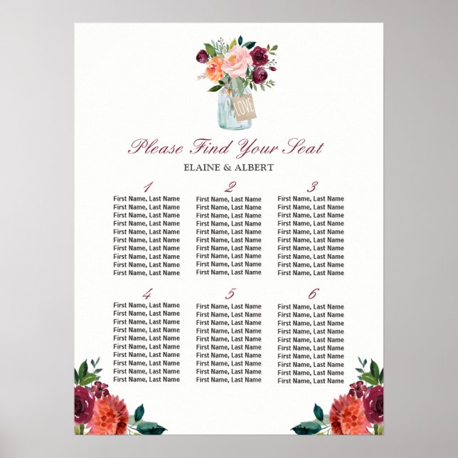 Póster Love Mason Jar 6 Tablas Boda Tabla de asientos (Frente)