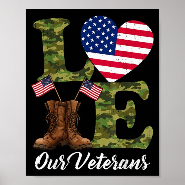 Póster Love Our Veterans Usa Flag Heart Patriotic Army Mi (Frente)