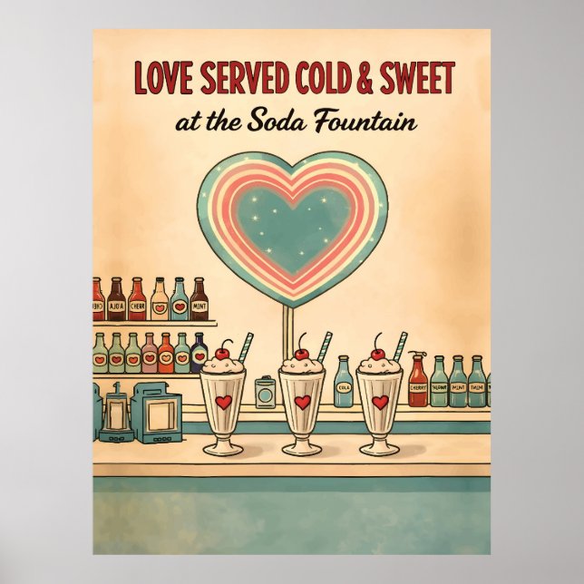 Póster Love Served Cold & Sweet Retro Soda Fountain (Frente)
