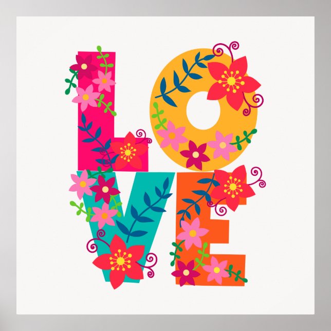 Póster LOVE typography clipart, diseño floral (Frente)