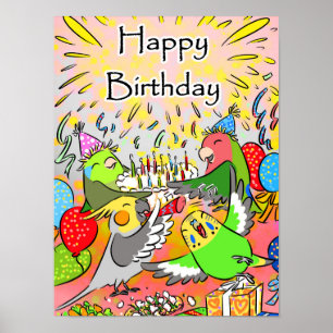 Póster Lovebird budgie cocatiel parrotlet feliz cumpleaño