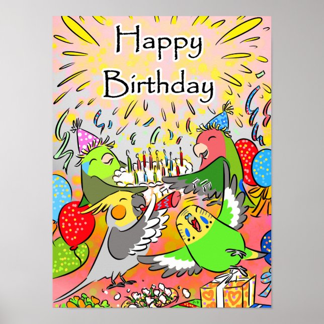 Póster Lovebird budgie cocatiel parrotlet feliz cumpleaño (Frente)