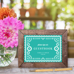 Póster Lovely Aqua Papel Picado Wedding Guestbook Sign