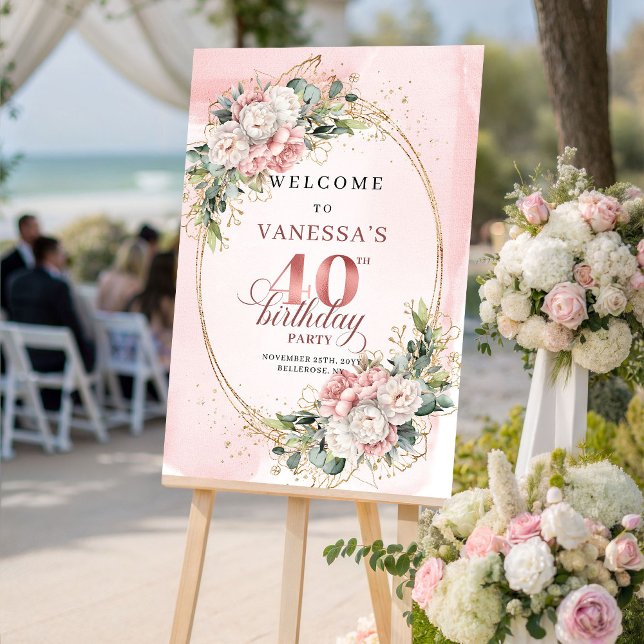 Póster Lovely Boho Dusty Pink Greenery 40th Birthday   (Lovely Boho Dusty Pink Greenery 40th Birthday Welcome)