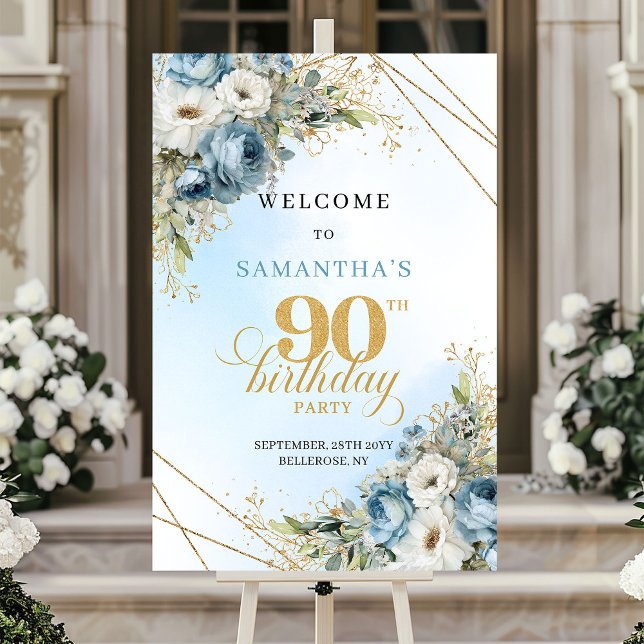 Póster Lovely dusty blue watercolor florals 90th birthday (Lovely dusty blue watercolor florals 90th birthday

)