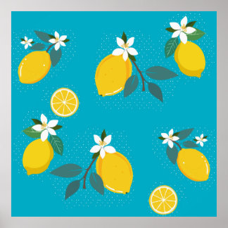Póster lovely lemons yellow lemons, on blue background 