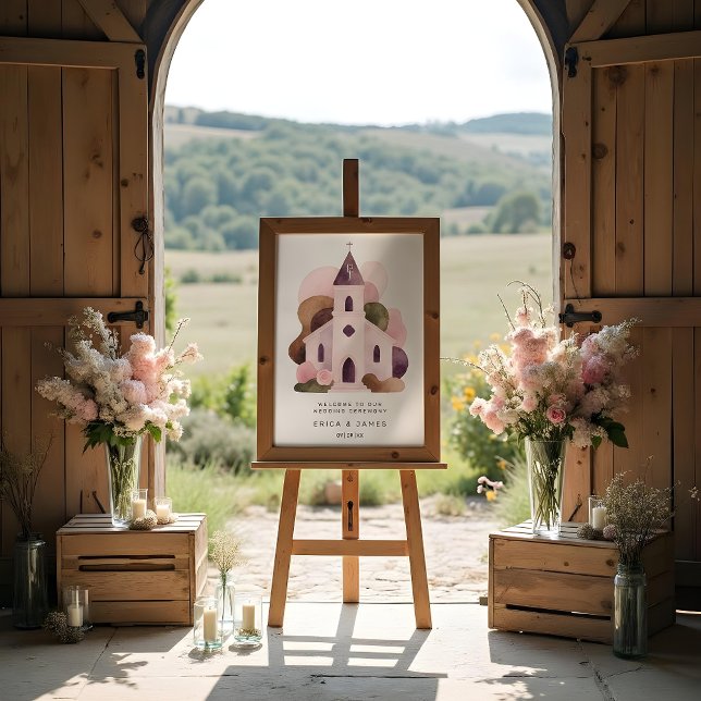 Póster Lovely Rustic Pink Tones Church Wedding (Lovely Rustic Pink Tones Church Illustration Wedding Welcome Sign Poster Designs.)
