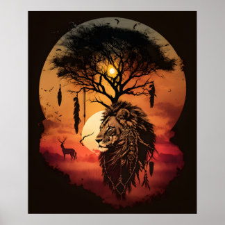 Póster Löwenkopf Traumfänger im Sonnenuntergang