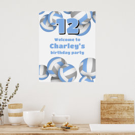 Póster lt blue gray volleyballs birthday party welcome
