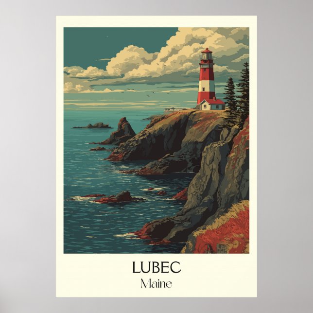 Póster Lubec Maine Vintage Lighthouse Cliffs Art (Frente)