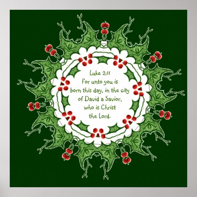 Póster Lucas 2:11 Escritura para Navidad con Acebo (Frente)