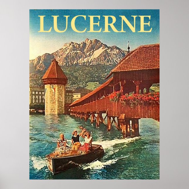 Póster Lucerna, Suiza, chicas en un bote, vintage (Frente)