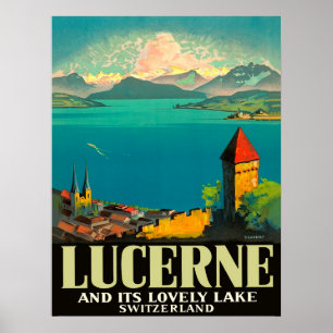 Póster Lucerna, Suiza, vista al lago y montañas