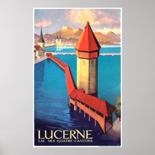 Póster Lucerna, Suiza, vistas al lago y a una torre,