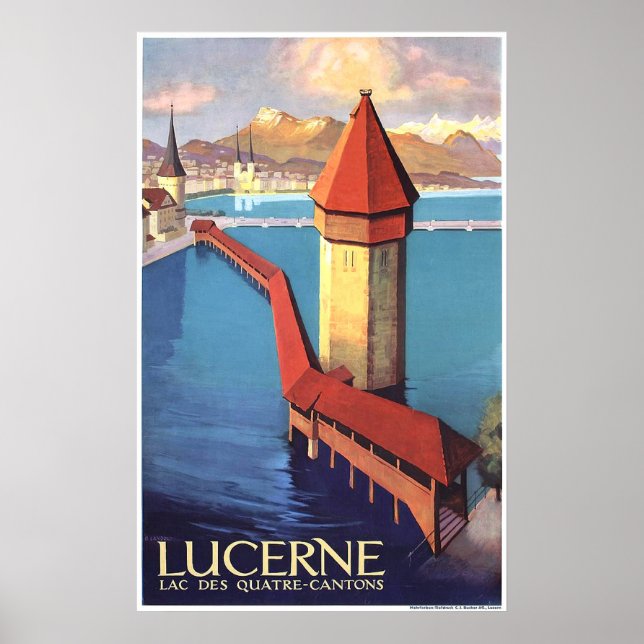 Póster Lucerna, Suiza, vistas al lago y a una torre, (Frente)