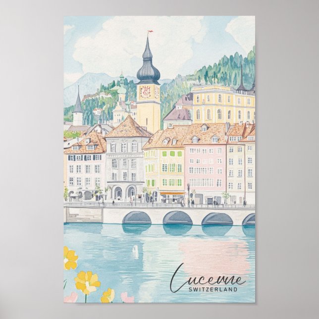 Póster Lucerne Suiza Gouache Ilustracion Travel (Frente)