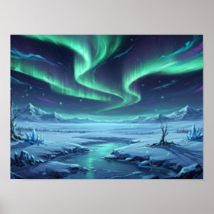 Póster Luces boreales etéreas sobre la naturaleza inverna