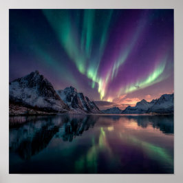 Póster Luces boreales vibrantes sobre noruego reflexivo