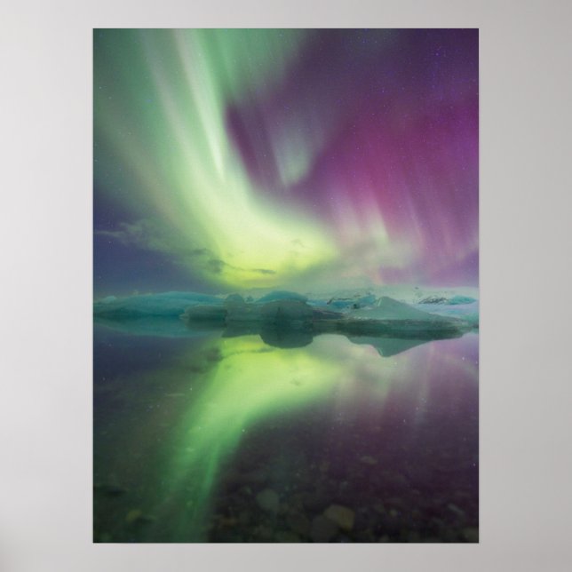 Póster Luces de Aurora en la laguna | Jokulsarlon, Island (Frente)