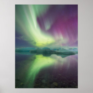 Póster Luces de Aurora en Laguna Jokulsarlon, Islandia