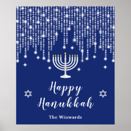 Póster Luces de cadena azul y plata Hanukkah feliz