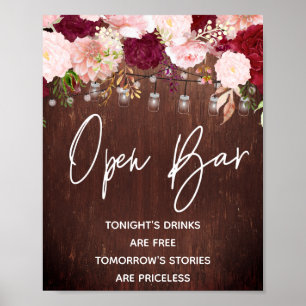 Póster Luces de Cadena de Bar Abierto Madera Burgundy Fra